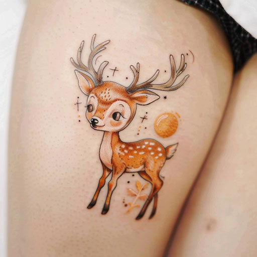 Whimsical deer tattoo, charming and colorful