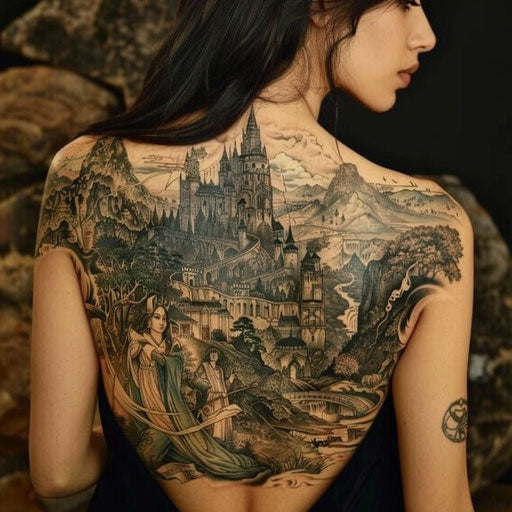 Epic mythological journey back tattoos for women