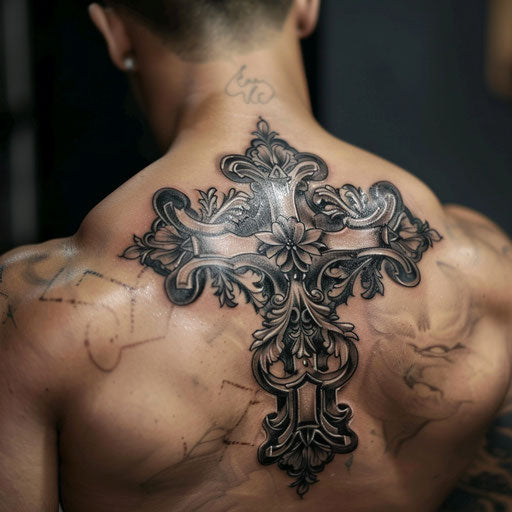 Realistic black & gray cross tattoo design for men