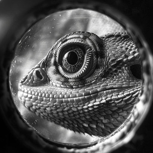 Close encounter with bearded dragon, gaze piercing through lens, window to its soul