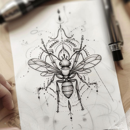 Elegant flat tattoo sketch of an ant with detailed mandala-style segments