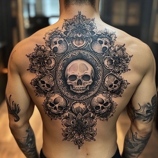 Dark gothic mandala with skull motifs in men's tattoo