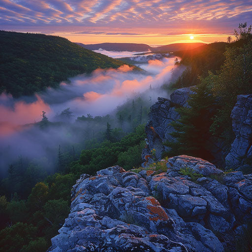 Porcupine Mountains, Michigan at sunrise with mist rising from the valleys