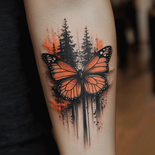 Butterfly tattoo on arm with haunted forest