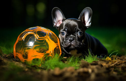 French bulldog puppy playing with ball in grass