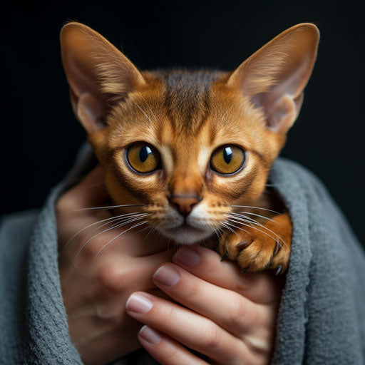 Abyssinian cat held by its owner