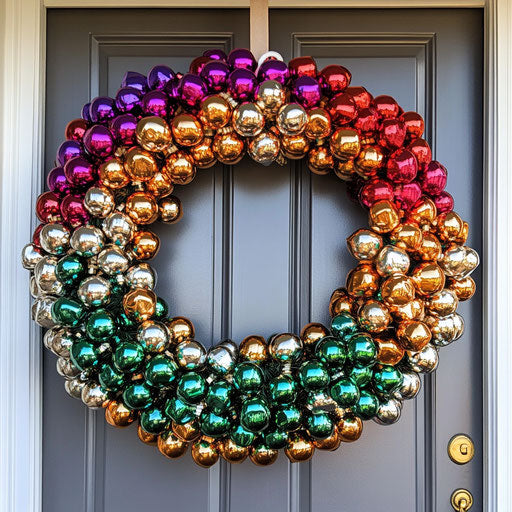 Colorful jingle bell wreath on a front door