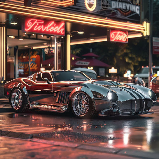 Retro-futuristic car with chrome details and 1950s rocket inspiration in front of a retro diner