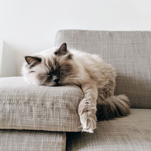 Himalayan cat lounging on a modern minimalist sofa