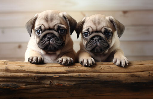 Two pug puppies on wooden boards, light maroon and light beige, highly polished surfaces