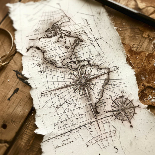 Vintage flat tattoo sketch of the Cruz with an old map and compass roses