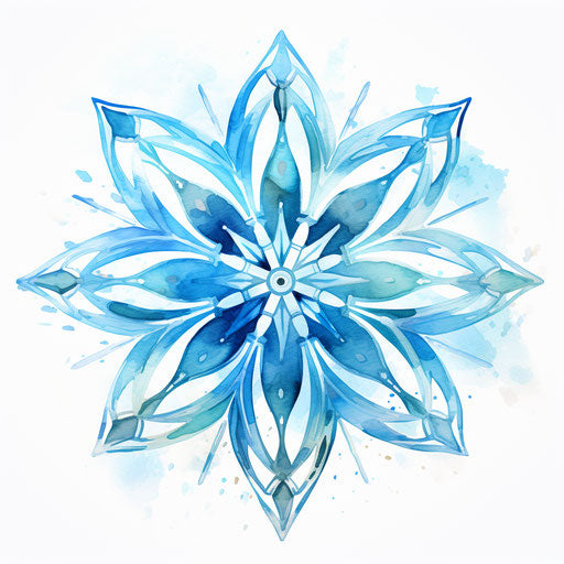 Blue stylized abstract snowflake on warm watercolor surface
