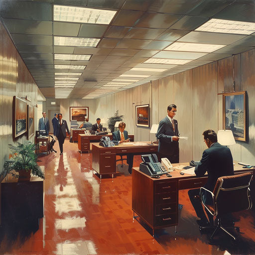 Vibrant office scene, phones ringing, deals closing