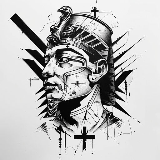 Cultural flat sketch of a pharaoh with Coptic Christian motifs and crosses