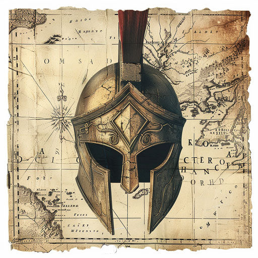 Spartan helmet on map of ancient Sparta, vintage style, white background