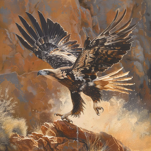 Wedge-tailed eagle landing on rocky outcrop with swirling dust under midday sun.
