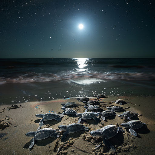 Birth of olive ridley sea turtles on a moonlit beach