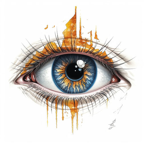Eye with blue and orange lightning bolt on white background, surrealistic illustrations style, light yellow gray, drawing machines, bold watercolors, leather/hide, editorial