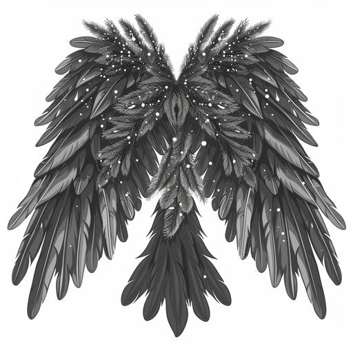 Merry Christmas and Happy New Year clipart in photo-realistic style with a flat random background, monochrome palette and detailed wings