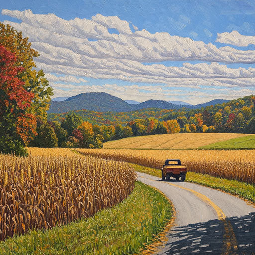 Hayride through golden cornfields with distant mountains under a bright blue sky in autumn