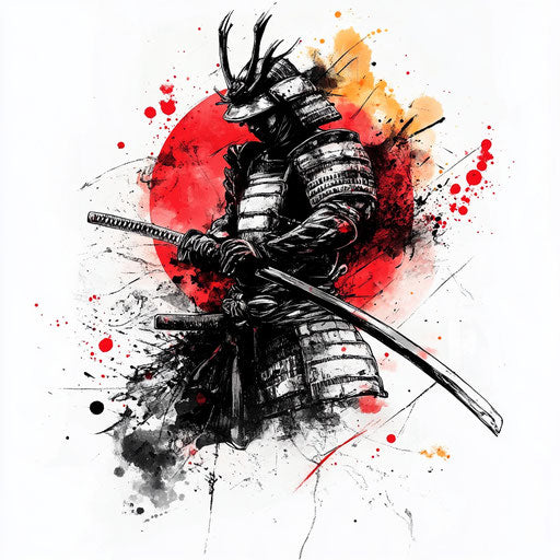 Japanese samurai watercolor tattoo in red and gold on white