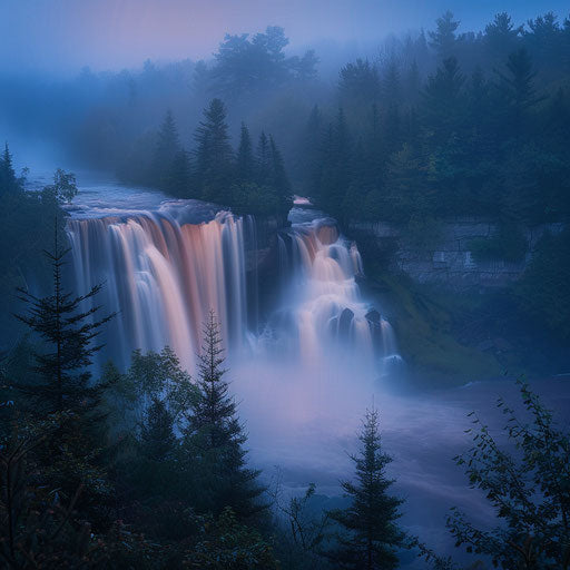 Blackwater Falls, West Virginia, at dusk with soft, ethereal lighting