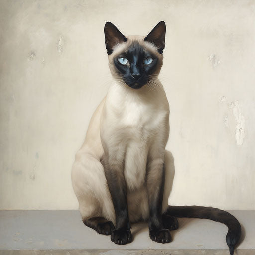 Siamese cat on white background, dark indigo and light beige style