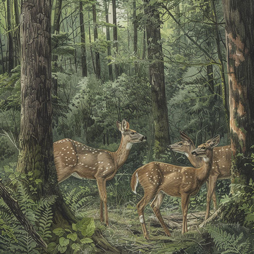 The edge of a forest, where the white-tailed deer habitat meets human civilization, with deer cautiously exploring.