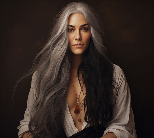 Portrait of girl with long black hair and white beard