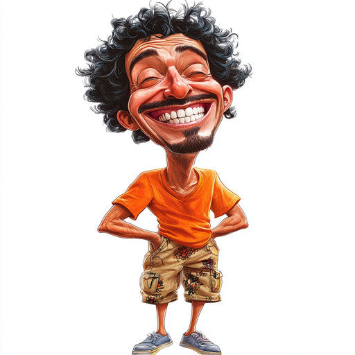 Humorous caricature of an attendance clipart with human characteristics, exaggerated dimpled chin, muscular legs, whimsical mood, vibrant colors, cartoon style, laughing, high resolution, no background, isolated