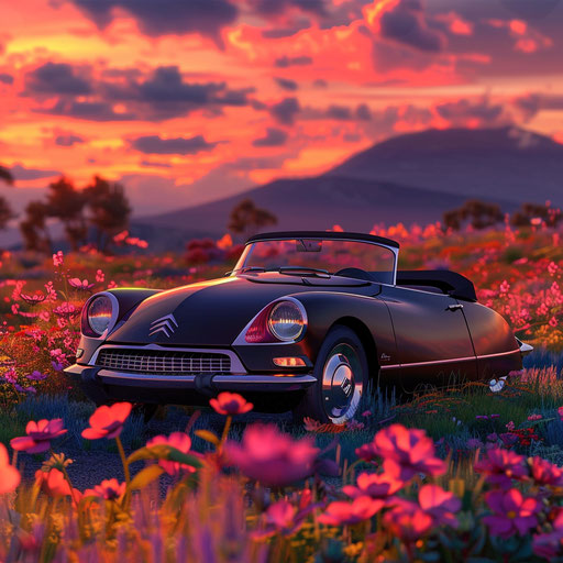 Vintage car transformed into a sleek roadster, by a vibrant flower field at sunset