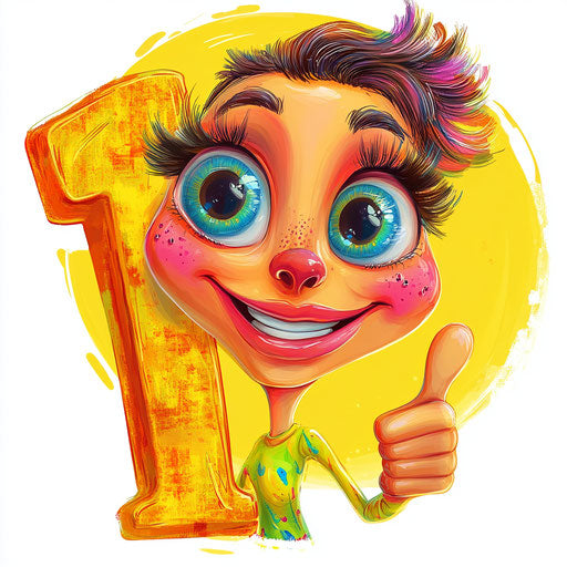 Humorous caricature of a number 1 cartoon with human characteristics, exaggerated thick eyelashes, with fingers hands, next to a smiling sun, vibrant colors, cartoon style, thumbs up, high-resolution, no background, isolated