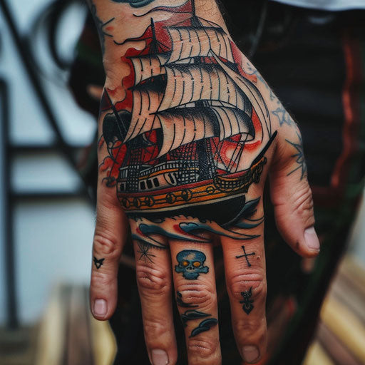 Hand tattoo designs of a pirate ship, in the style of Sailor Jerry
