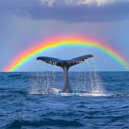A whale's tail framed by a rainbow in the ocean spray