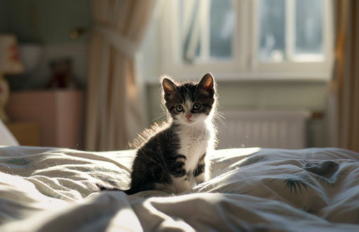 The kitten on the bed with the door open