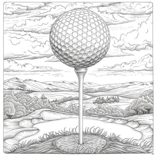 Detailed illustration of a golf ball on a tee with a beautiful landscape. Coloring book page