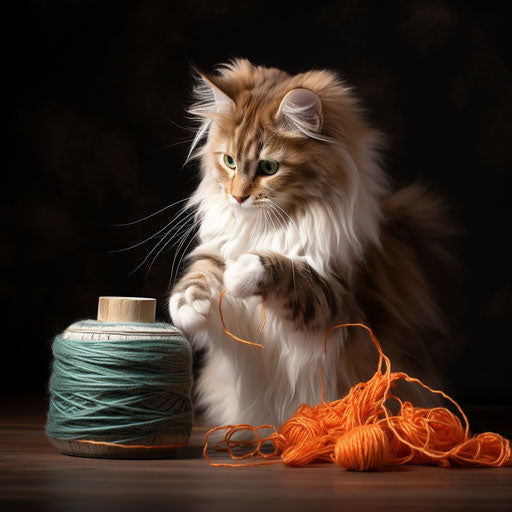 Norwegian forest cat playing with yarn