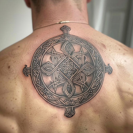 Celtic warrior shield tattoo on white background