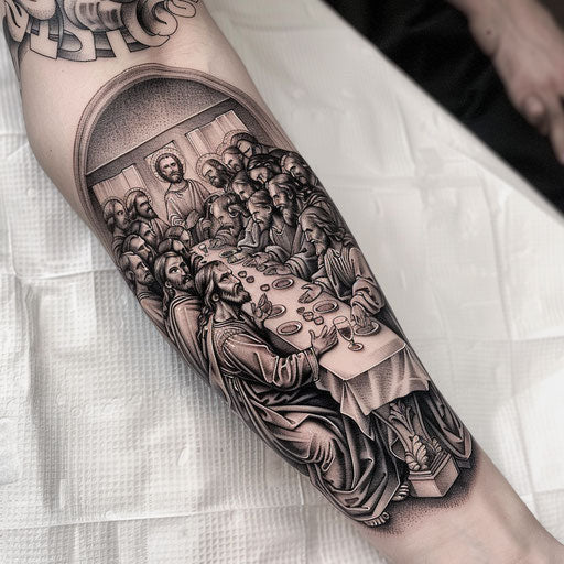 Intricate Last Supper tattoo on white background