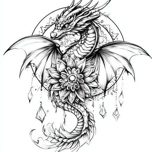 Dragon tattoo sketch for women with mandala on white background