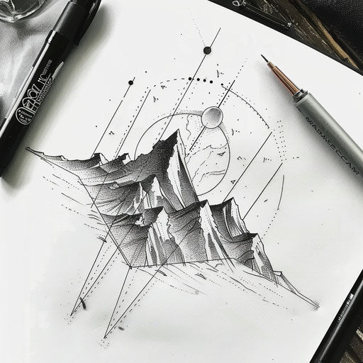 Geometric mountain tattoo design on white page