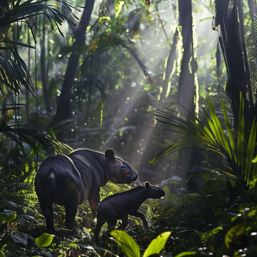 Baird's tapir and calf walking through Central American jungle
