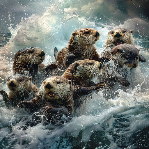 Sea otters play in a wild, stormy sea