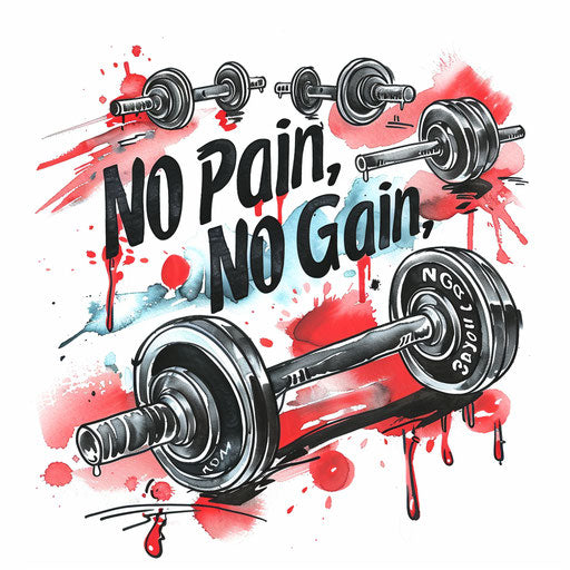No Pain, No Gain, motivational tattoo sketch with weights and sweat drops, black and red, clipart style