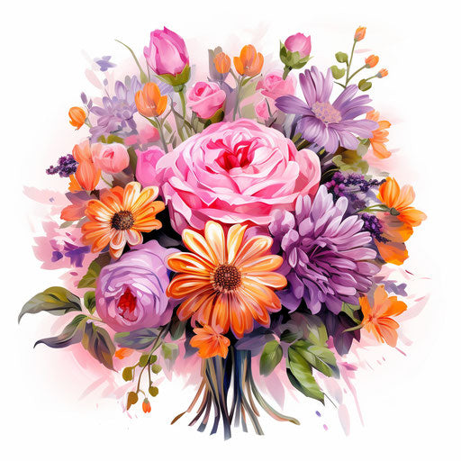 Flower bouquet clipart in the style of an oil painting, on white background