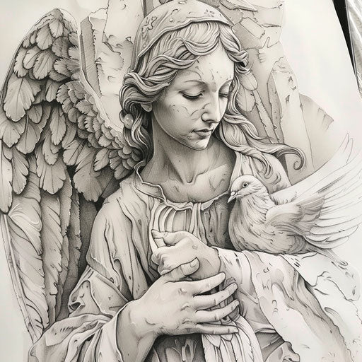 Artistic depiction of a guardian angel holding a dove