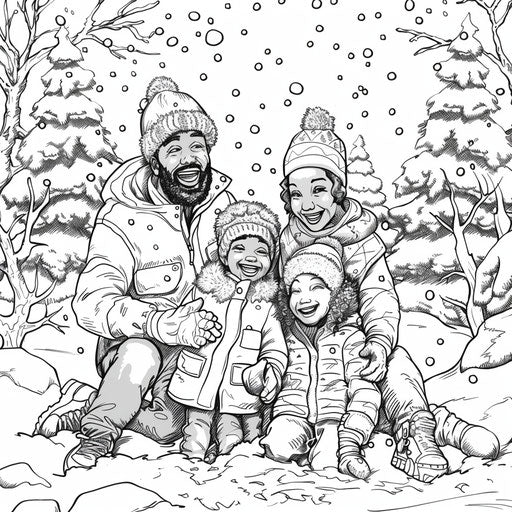 Cozy winter scene of a Black family celebrating, coloring book page