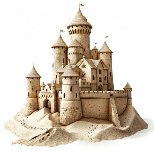 Realistic sandcastle on white flat background, detailed textures