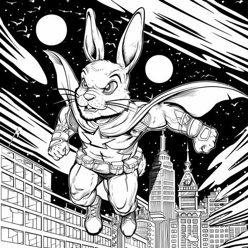 Easter bunny superhero flying over city skyline at night