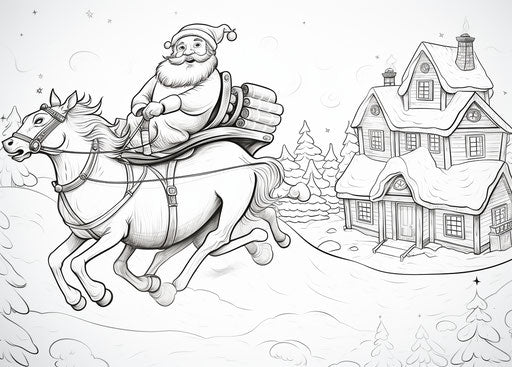Santa in a sleigh flying over the house Coloring, captivating style drawings 32:23